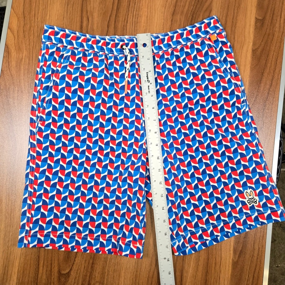 Psycho Bunny Boys Swim Trunks Red White Blue Geometric Shorts Size 14-16 L - Picture 6 of 7